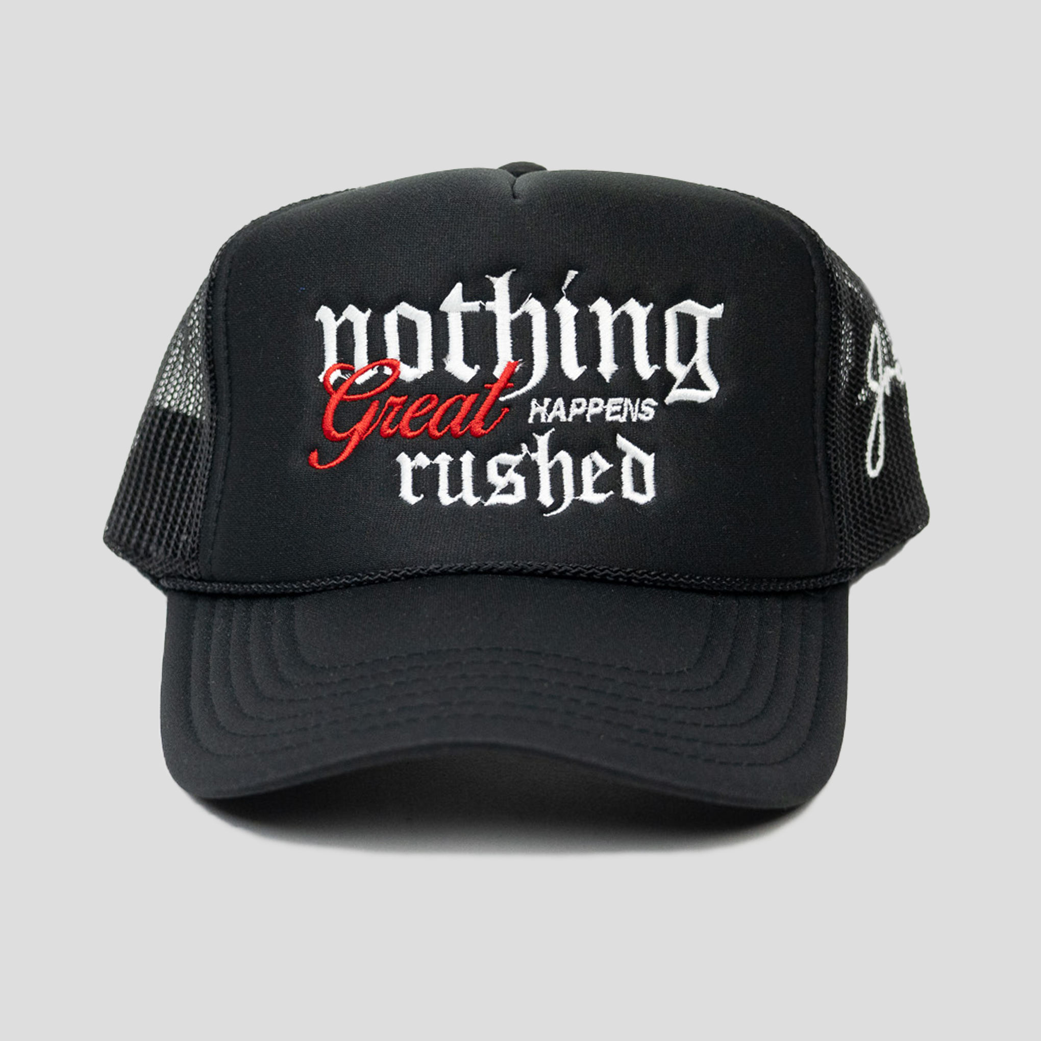 Nothing Great Happens Rushed Trucker Hat (BLACK)